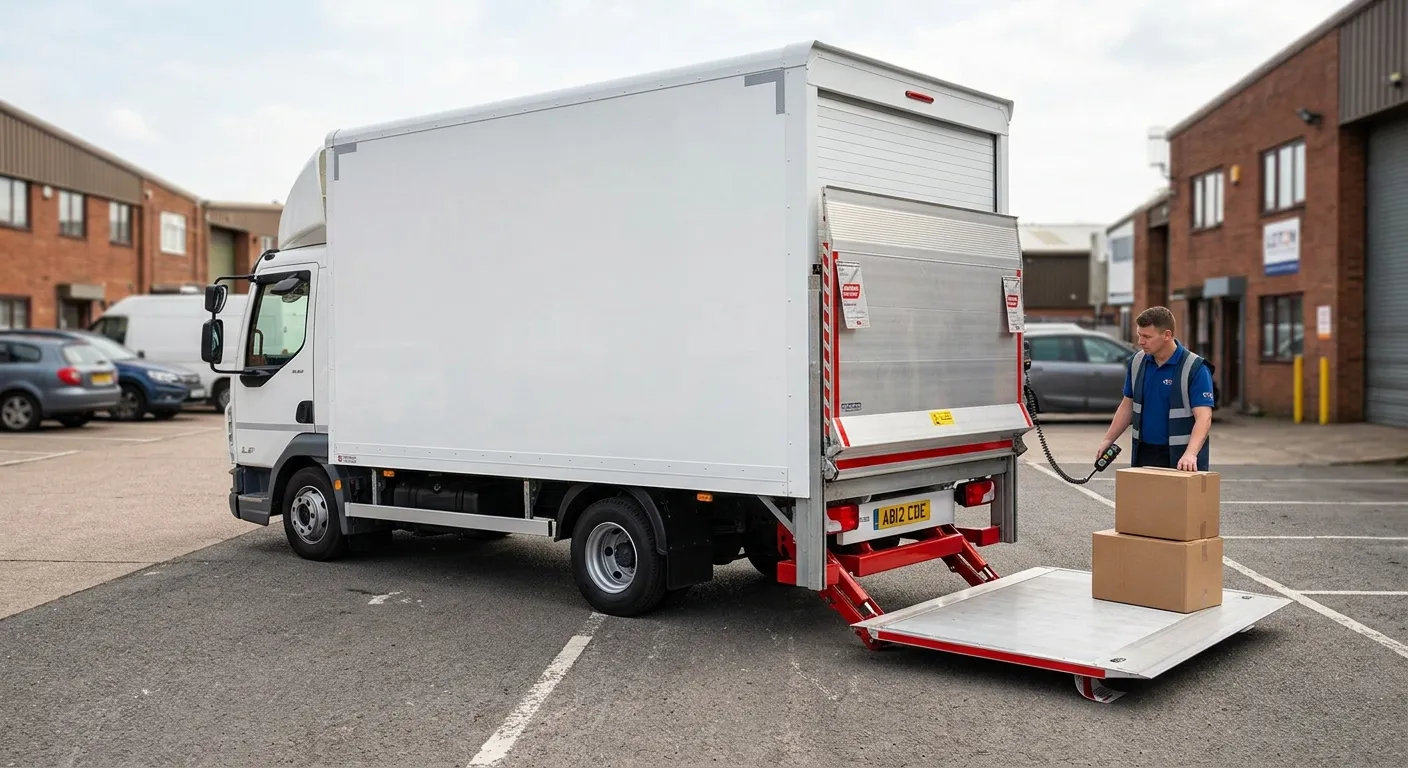 7.5 tonne rigid box truck with its tail lift lowered, a driver loading boxes